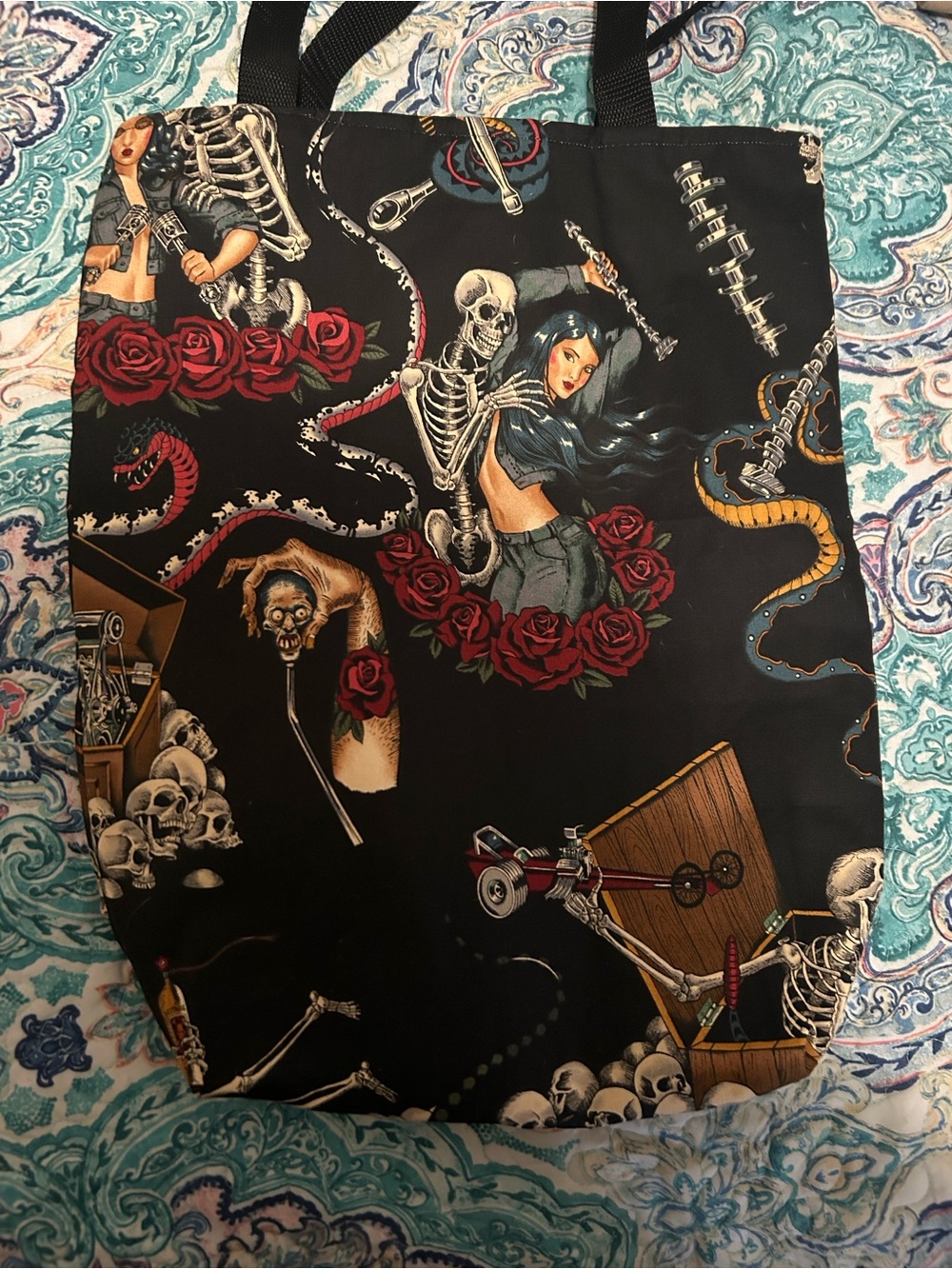 Black Gothic Skeleton & Rose Print Tote Bag